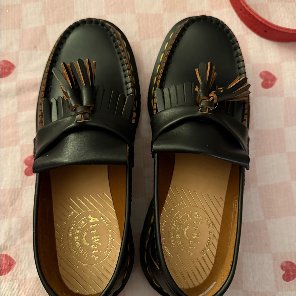 Dr. Martens Black Leather Tassel Kiltie Loafers with Yellow Welt Stitching - Picture 2 of 6